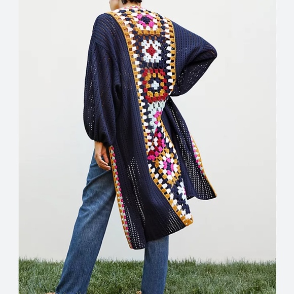 By Anthropologie One size Square crochet duster kimono navy colorful long granny